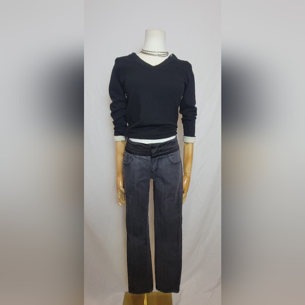 BCBG MAXAZRIA SZ 26 X 28" Black May Rinse Tuxedo Slim Denim Pant Satin Waist